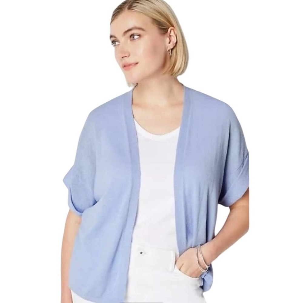 J Jill Women Linen Cardigan Sweater L Blue Coastal Open Front Beachy Lightweight